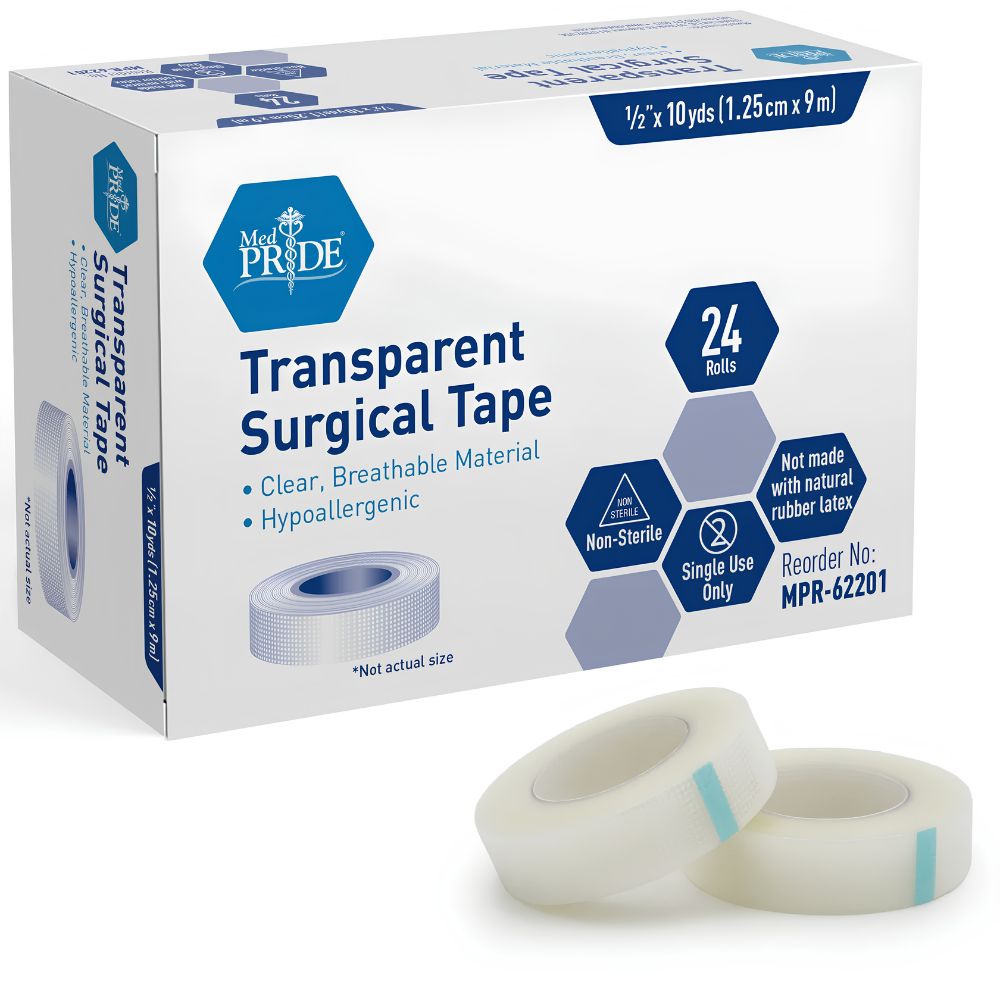 A box of Shield Line MedPride Clear Surgical Tape is shown with two rolls in front. The package highlights 24 rolls of transparent, hypoallergenic, non-sterile surgical tape in multiple widths, intended for single use.