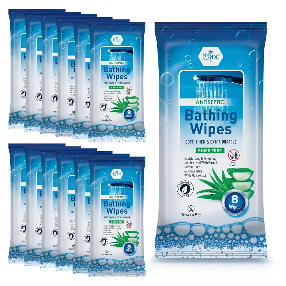 Multiple packs of Shield Line MedPride 8"x8" Bathing Wipes are displayed. Each blue and white pack contains 8 wipes, offering soft, thick, extra durable, rinse-free cleansing—192 wipes in total per case (12 boxes/2 box/case).