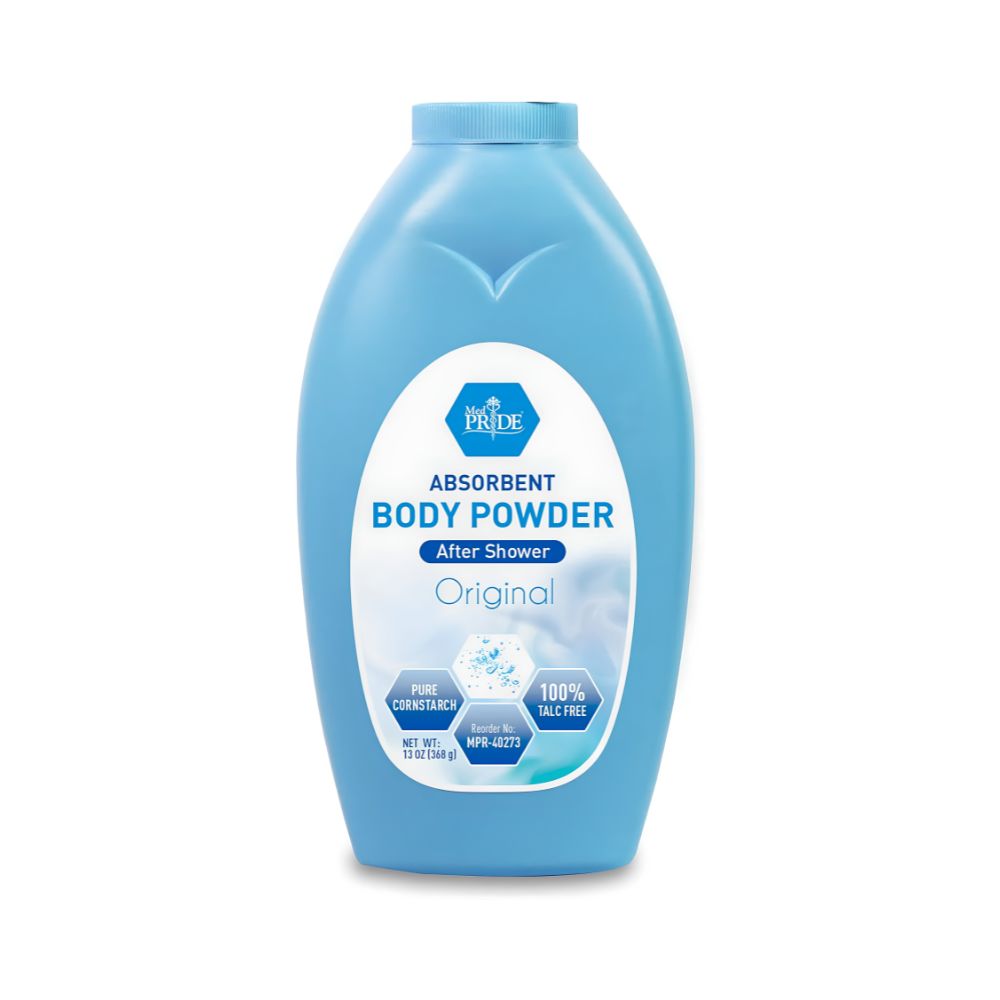 A blue bottle of Shield Line MedPride Body Powder w/seal, 13 oz, features a white cap and label. This gentle, talc-free powder offers protection for delicate skin and stands upright on a white background—ideal for diaper rash prevention.