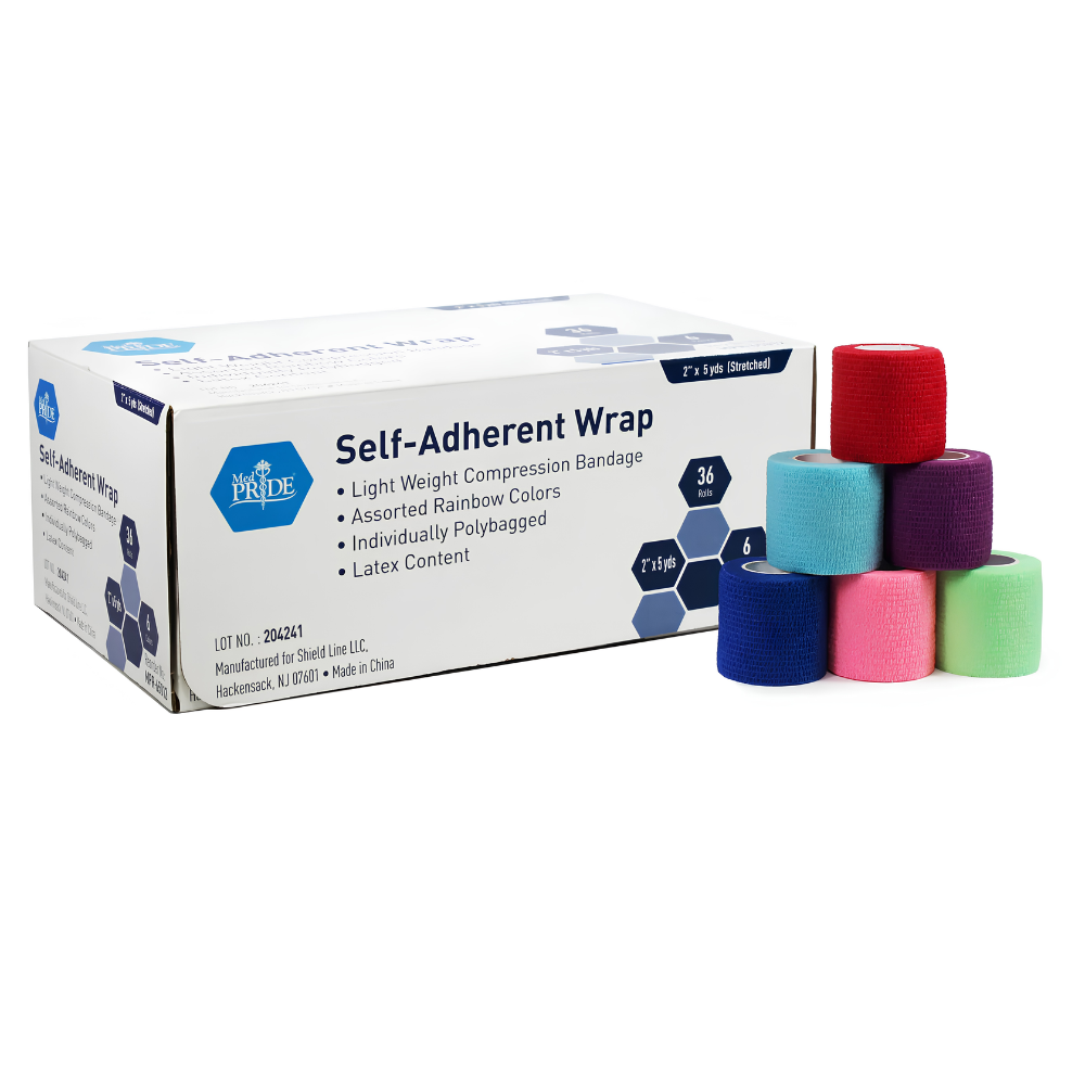 A Shield Line Medpride Self-Adherent Wrap box appears beside six latex-free, cohesive compression bandages (red, blue, pink, teal, purple, green). The packaging advertises lightweight material and rainbow colors. Sizes: 2", 3", 4", 6" x 5 yds.