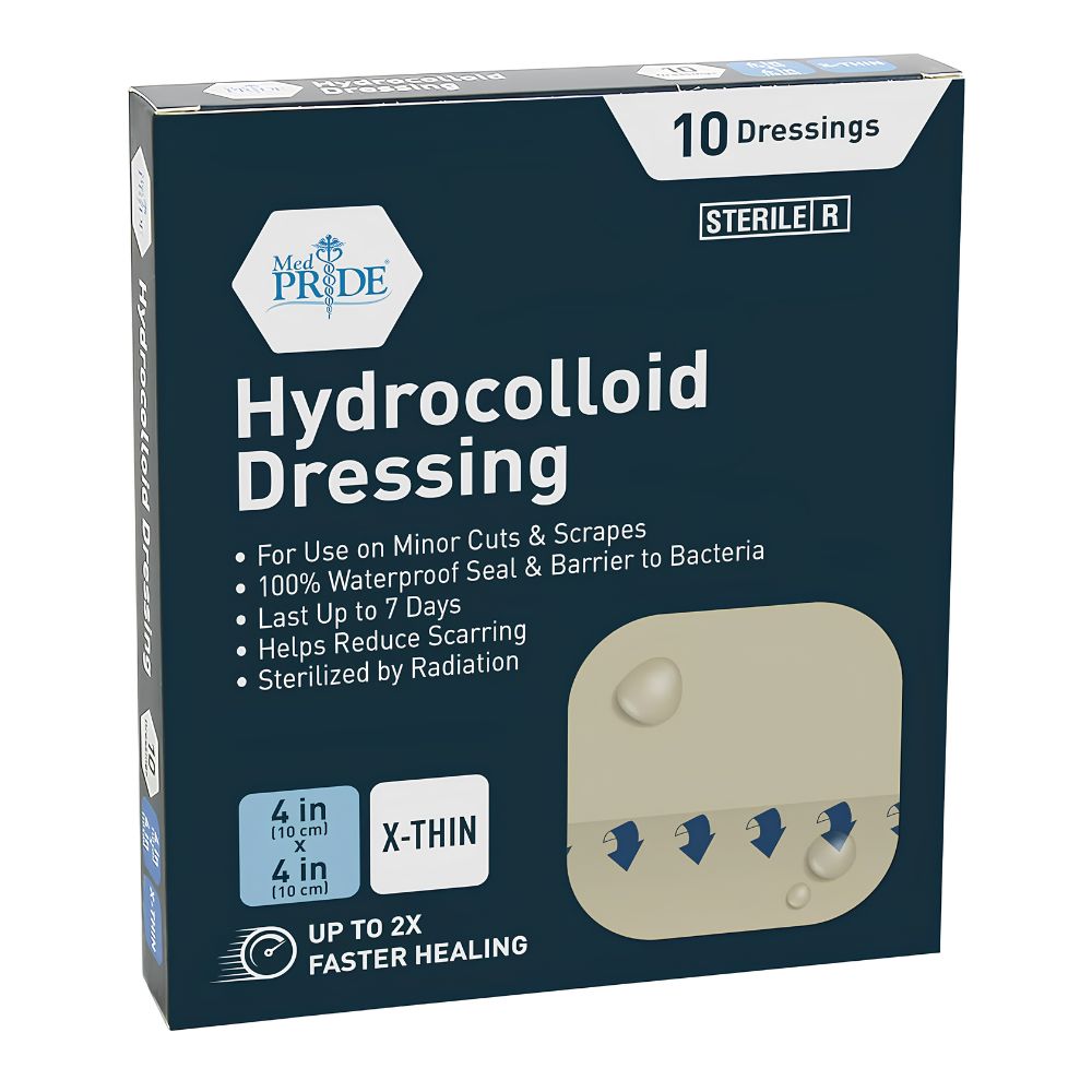 Shield Line Medpride Hydrocolloid Wound Dressing Pads, extra thin 4"x4" sterile adhesive patches, provide a waterproof seal, can be worn up to 7 days, help reduce scarring, and come in a box of 10 for minor cuts and scrapes.