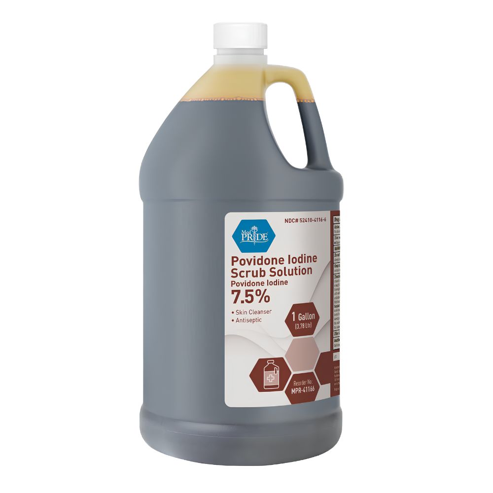 A 16oz Shield Line MedPride Povidone Iodine Prep Solution bottle with a white cap and brown liquid, used for wound care and antiseptic skin cleansing. Also available by the case: 24 (16oz) bottles or 4 (1 gal) containers.