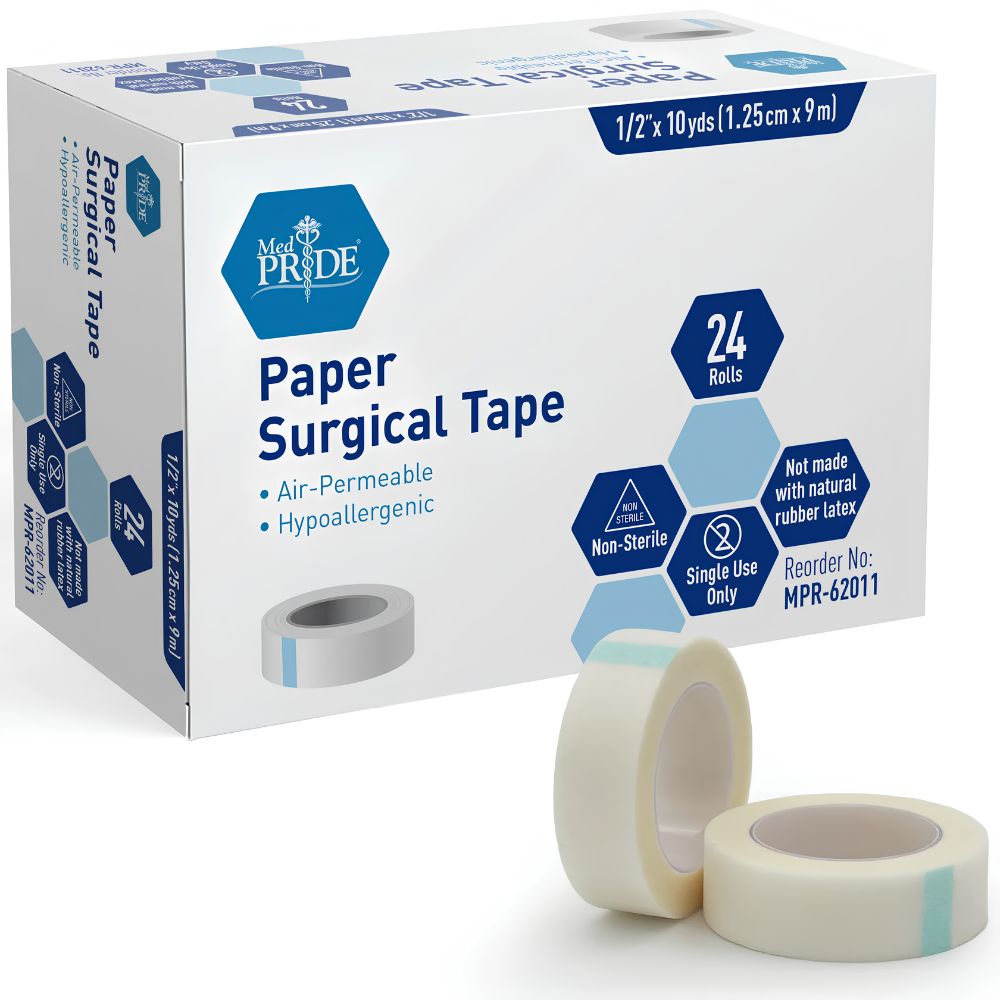 A box of Shield Line MedPride Paper Surgical Tape features air-permeable, hypoallergenic, non-sterile tape for sensitive skin. Each box contains 24 rolls in sizes 1/2", 1", 2", and 3" x 10 yds, making it ideal for medical use.