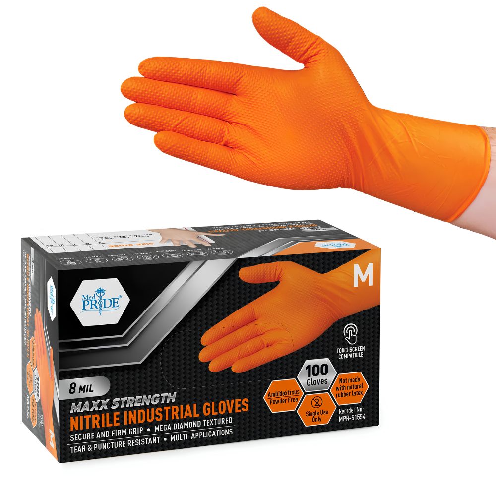 A hand wears an orange nitrile glove above a box labeled “Shield Line MedPride Maxx Strength Nitrile Industrial Orange Gloves, 8 Mil Thick,” containing 100 medium-size, heavy-duty, chemical-resistant gloves. Product details and glove image appear on the box.
