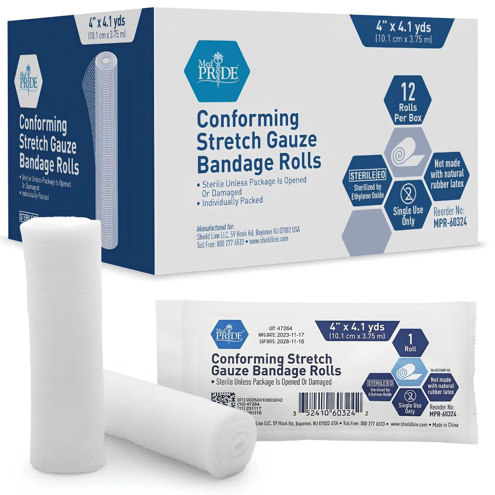A box of Shield Line MedPride Conforming Stretch Gauze Bandage Rolls, sterile, includes 12 rolls (4 in x 4.1 yd each), shown with one loose and one individually wrapped roll for dependable wound care.