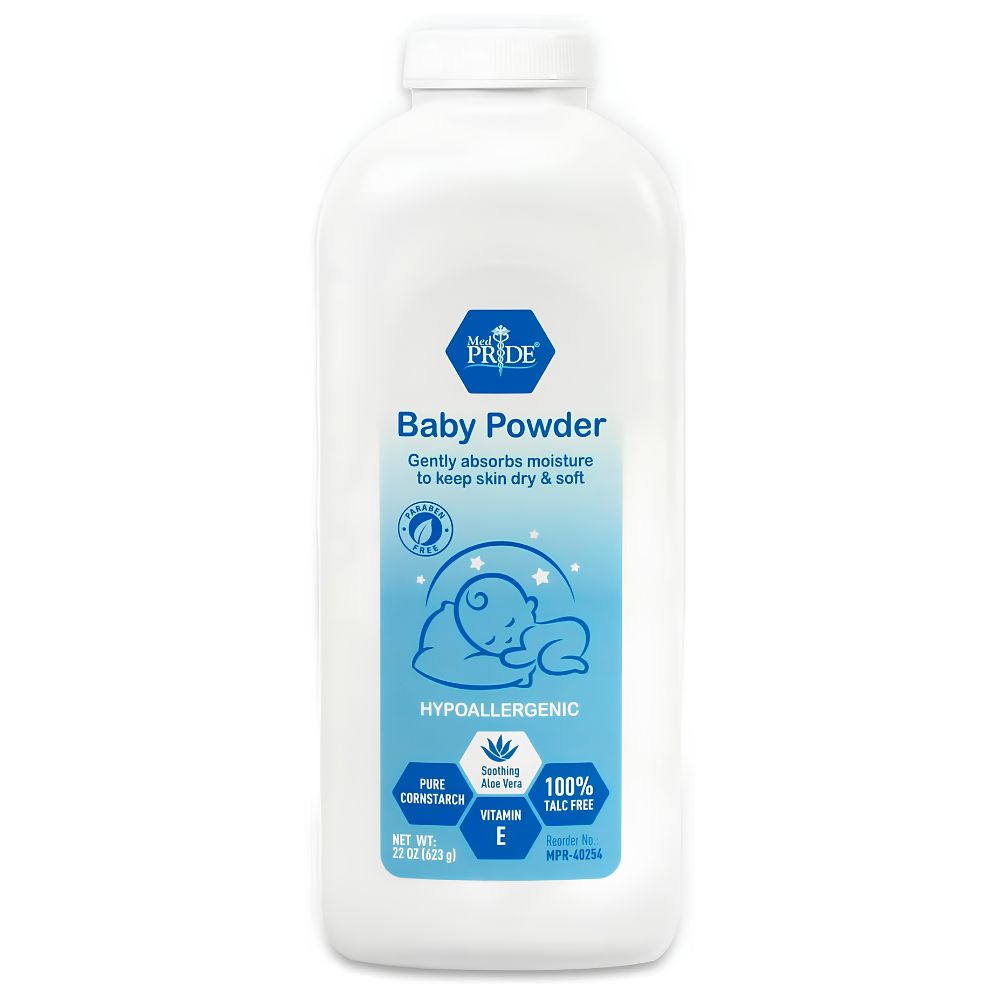 A 22 oz white bottle of Shield Line MedPride Baby Powder w/seal features a blue label with a sleeping baby, offers talc-free, hypoallergenic moisture protection for delicate skin, and contains added vitamin E. Sold 18 per case.