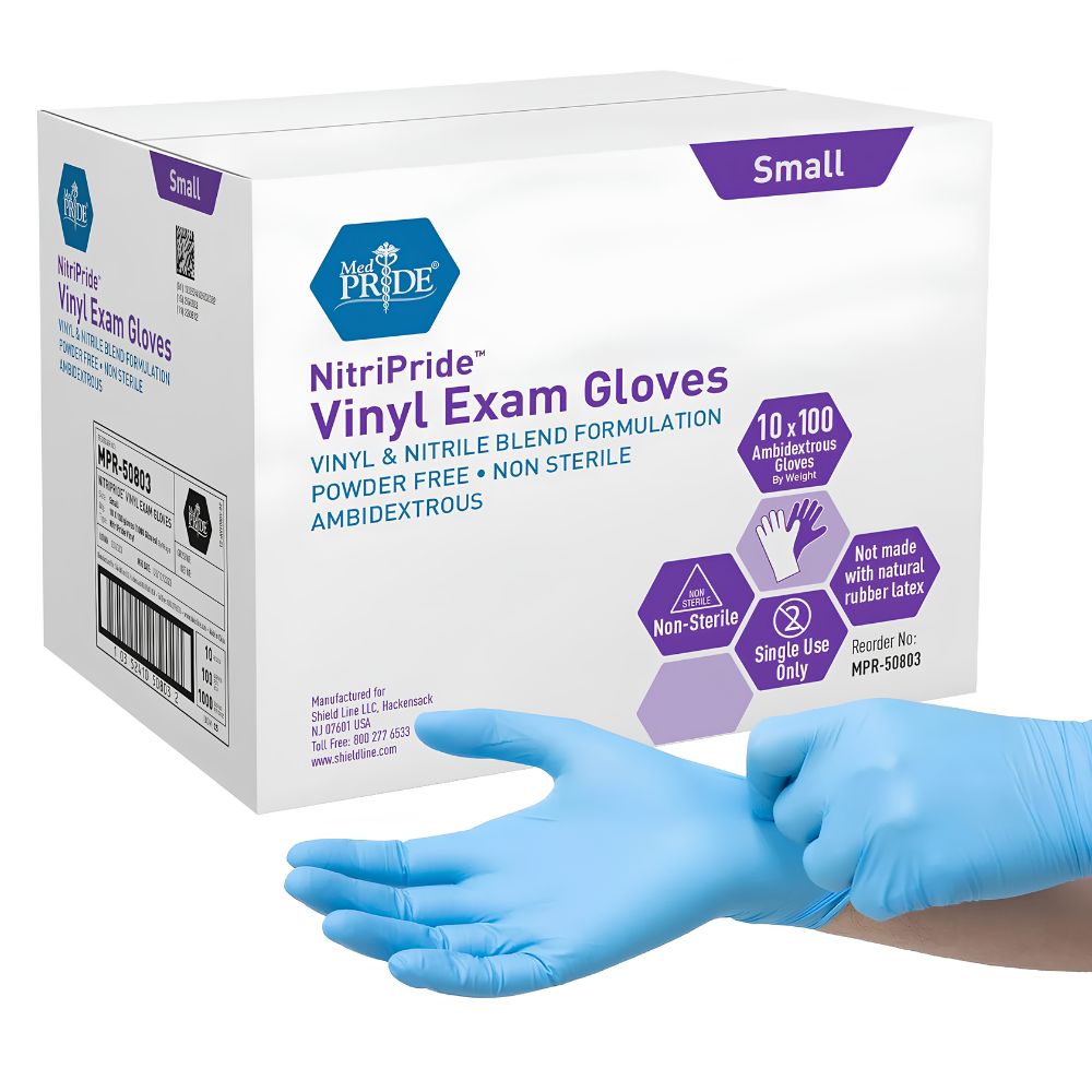 A hand puts on a blue disposable glove near a box labeled Shield Line MedPride Synthetic Vinyl Exam Gloves, 5 Mil Thick, Non-Sterile, Powder Free; packaging highlights powder-free, latex-free features and key product details.