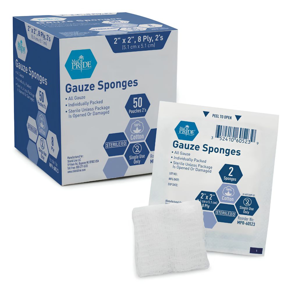 Shield Line MedPride Sterile Surgical Gauze Sponges, 2"x2" & 4"x4", 8ply/12ply, come in blue and white packaging with individual packs. Each box contains 50 packs of 2 sponges each, ideal for wound care.