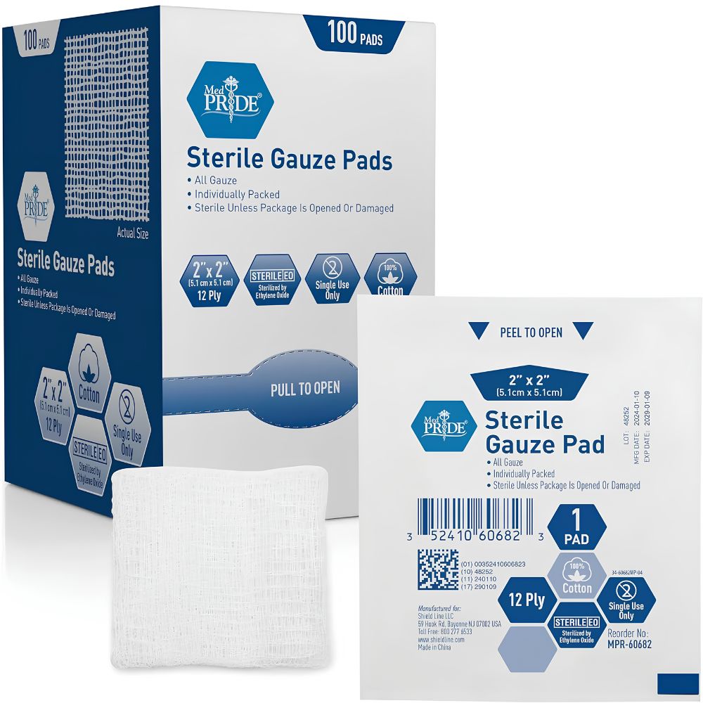 A box of Shield Line MedPride Sterile Gauze Pads, 2"x2", 12-ply, 100 individually packed pads—ideal for first aid or wound dressing and perfect for any medical kit.