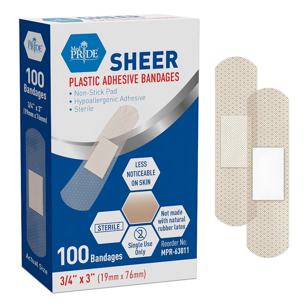 A box of Shield Line MedPride Sheer Strip Adhesive Bandages, 3/4"x3", 100 count, features hypoallergenic adhesive first aid strips with non-stick pads, sterile packaging, and wound protection. Two beige bandages are shown on the box.