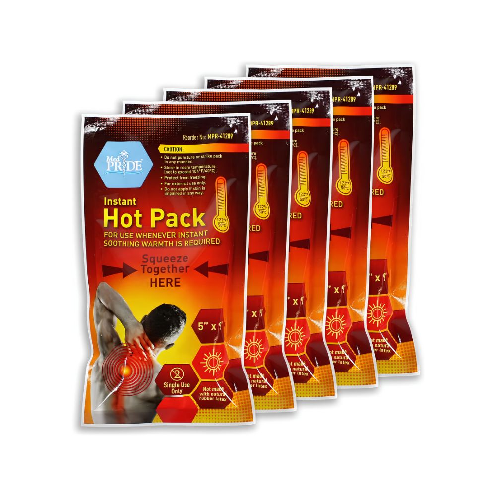 Five Shield Line MedPride Instant Hot Packs (5" x 9") are shown upright, with orange-red packaging featuring a thermometer, a person with back pain, and "Squeeze Together Here" instructions for fast heat therapy. Box contains 24 disposable pads.