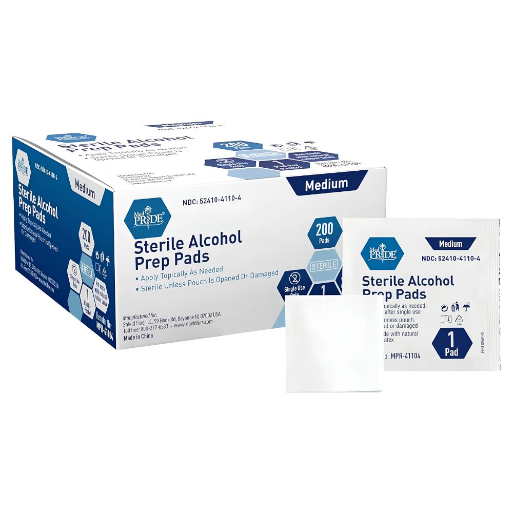 A box of Shield Line MedPride Sterile Alcohol Prep Pads (200 count) is shown with an opened packet and pad. The white and blue packaging is labeled Medium—ideal for convenient antiseptic wipes.
