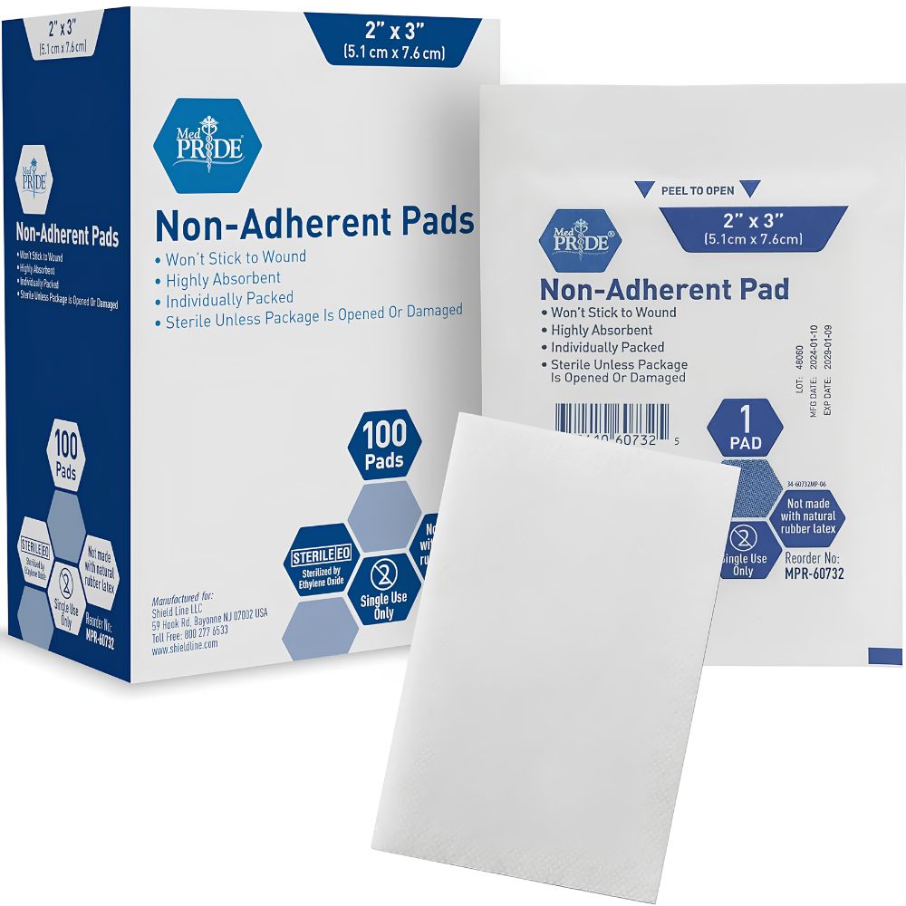 A box, packet, and a single Shield Line MedPride Sterile Non-Adherent Pad (2"x3") are shown. Packaging highlights high absorbency, non-stick wound protection, individual sterile wrapping, and available sizes: 2"x3", 3"x4", 3"x8".