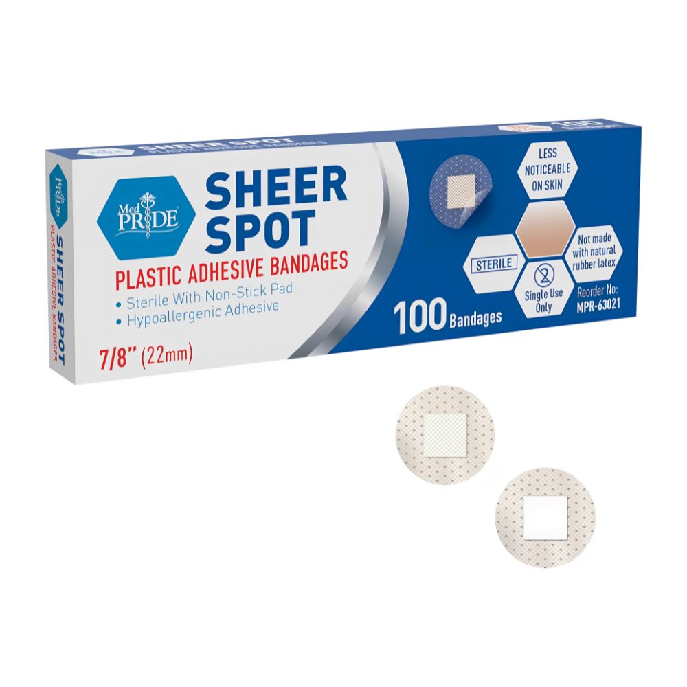 Box of Shield Line MedPride Sheer Spot Adhesive Bandages, 7/8", contains 100 sterile small round bandages with non-stick pad. Two bandages are shown below the box. Packaging emphasizes hypoallergenic, discreet wound care.