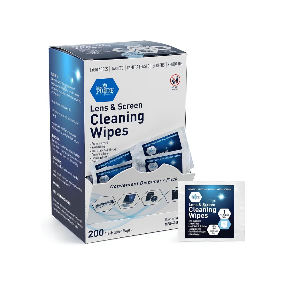 A box of Shield Line MedPride Premoistened Lens Cleaning Wipes contains 200 6" x 5" wipes for streak-free cleaning of eyeglasses, tablets, camera lenses, screens, and keyboards. One individual wipe packet is shown next to the box.