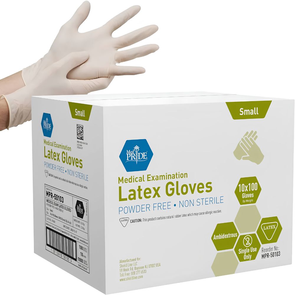 A hand puts on a Shield Line MedPride Latex Exam Glove, 5 mil thick, non-sterile and powder free, next to a large white box with blue and green graphics labeled “MedPride Latex Exam Gloves.”.