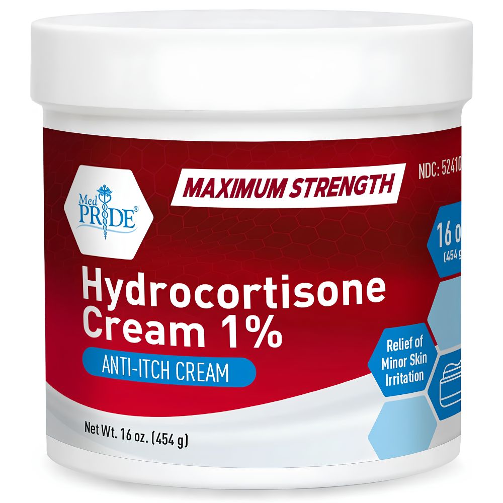 A white jar of Shield Line MedPride 1% Hydrocortisone Cream (16 oz/454 g) with a red label provides eczema relief and acts as an anti-itch cream for minor skin irritation.