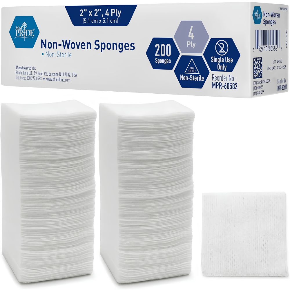 Two tall stacks and one single MedPride Non-Woven Surgical Sponge by Shield Line (2"x2", 4 Ply) are shown in front of a blue and white box labeled 200 Non-Sterile Sponges, ideal for low-lint wound care and single use.