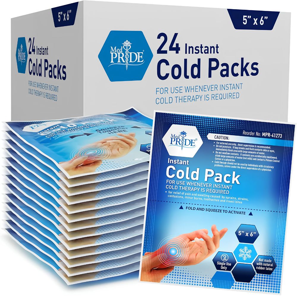A box labeled "Shield Line MedPride Instant Cold Pack for Injuries & Pain Relief 5"x6" & 6"x9" - 24/cs" sits behind stacked blue cold packs, with a close-up showing usage instructions and hands holding a pack for fast pain relief.