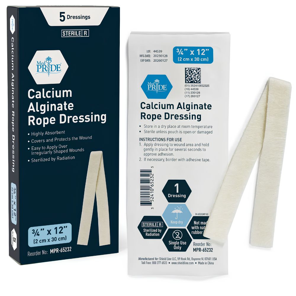 A box and packet of Shield Line MedPride Calcium Alginate Rope Dressing are shown, with a 3/4"x12" sterile hydrophilic rope displayed. Text highlights high absorbency and its use for packing open wounds, burns, ulcers, or minor traumas. Each box contains 5 dressings.