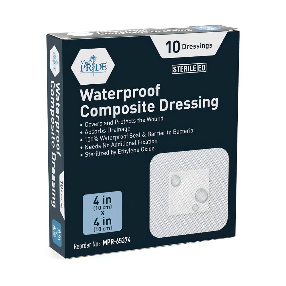 Shield Line Medpride Waterproof Composite Dressing (4"x4" & 6"x6"), box of 10 sterile dressings—ideal for post-surgical care with wound protection, drainage absorption, and waterproof seal. Reorder: MPR-65374.