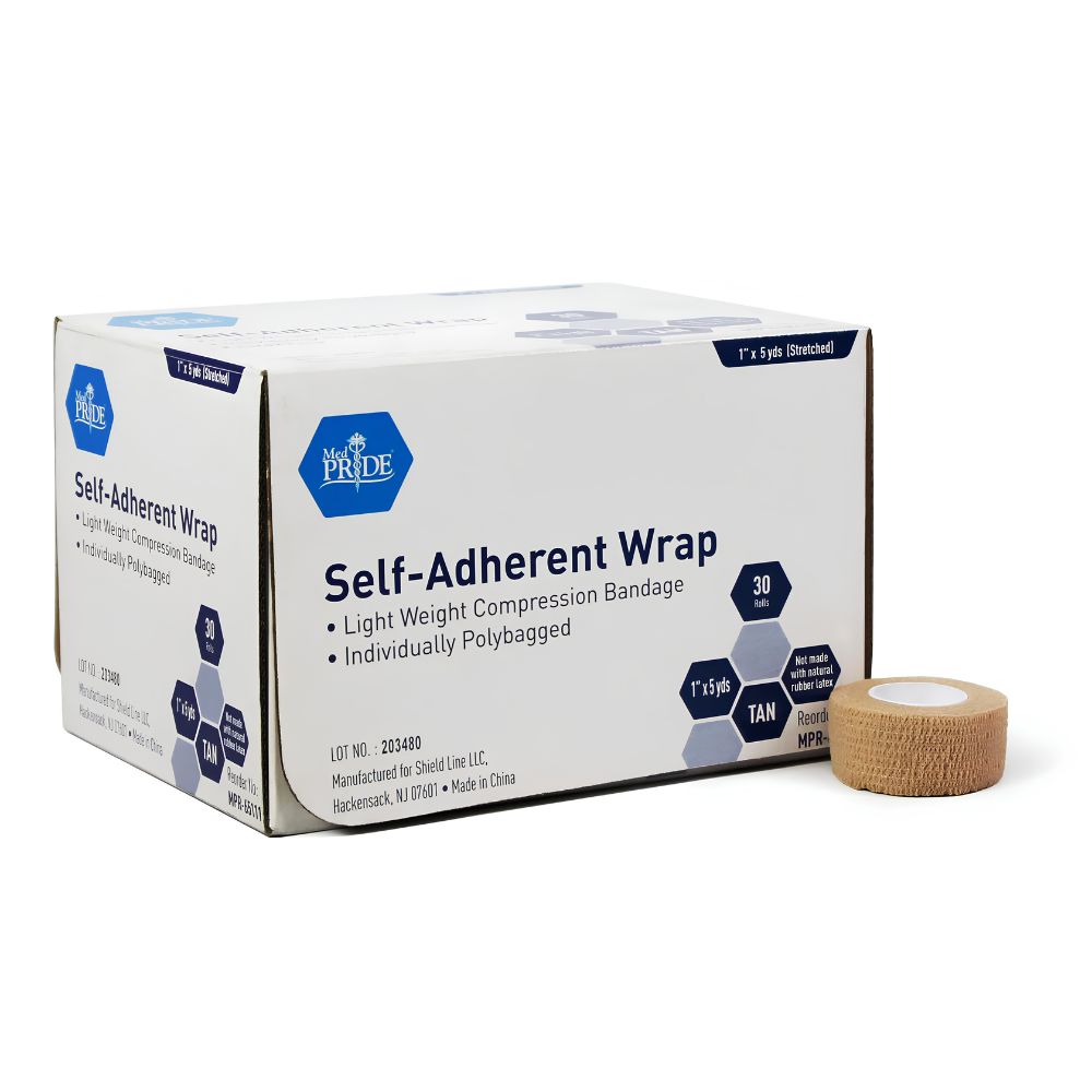 A Shield Line Medpride Self-Adherent Wrap box (latex free, tan, 1" x 5 yds., 30 rolls) sits next to a bandage roll; the packaging notes lightweight compression and individual polybag packaging for wound care.