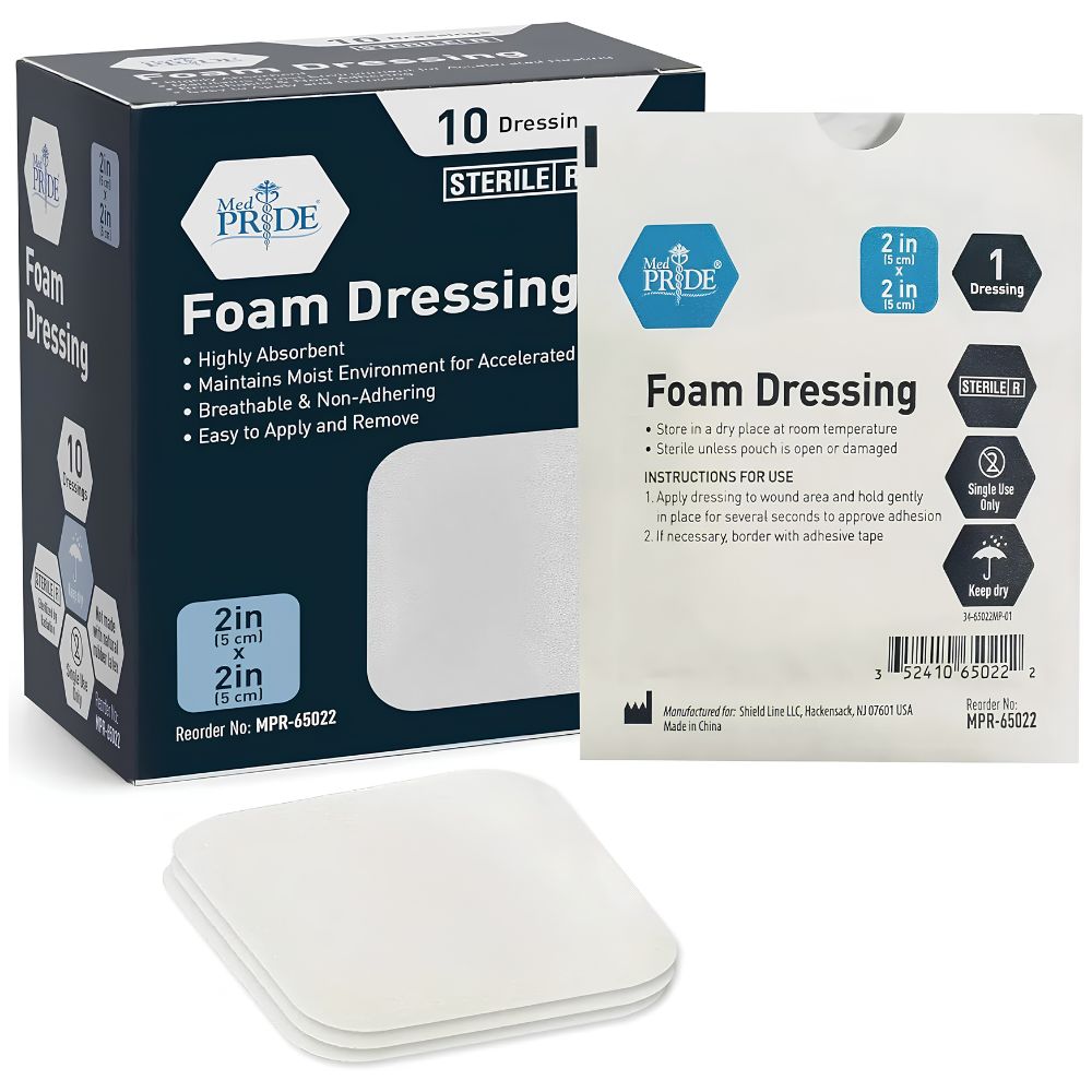 Photo shows a Shield Line Medpride Foam Dressings box (2"x2'') and single packet, with several breathable, sterile hydrophilic foam pads in front. Highly absorbent, soft, non-adhesive; easy to apply and remove. Also available: 4''x4.25'', 6"x6".