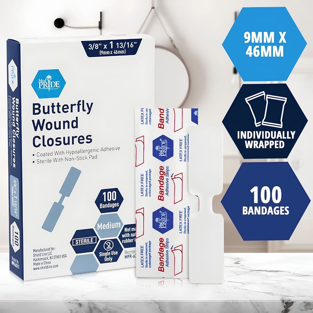 Shield Line MedPride Adhesive Bandage, Butterfly Wound Closures Fabric, sterile, medium (3/8" x 1 13/16") & large (1/2" x 2.75"); box and bandage shown on a table with a blurred kitchen in the background.