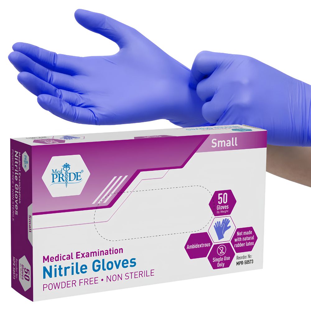 A person puts on a MedPride Nitrile Ice Blue Exam Glove by Shield Line, with a box labeled “4.6 Mil Thick Powder Free Non Sterile”—highlighting convenient, latex-free gloves for sensitive skin.