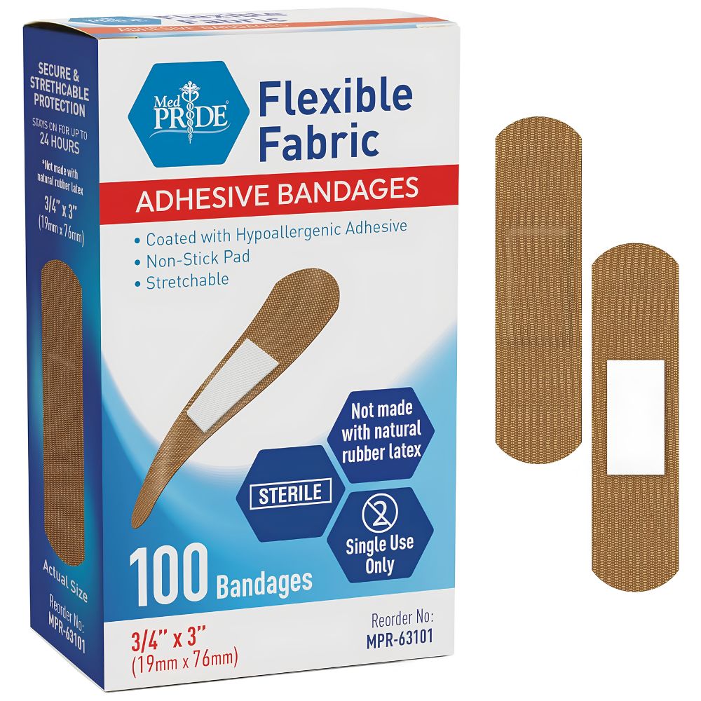 A box of Shield Line MedPride Sterile Fabric Adhesive Bandages, sizes 3/4''x3", 1''x3", and 2''x4.5", contains 100 hypoallergenic, non-stick first aid bandages; two are shown beside the feature-highlighting box.