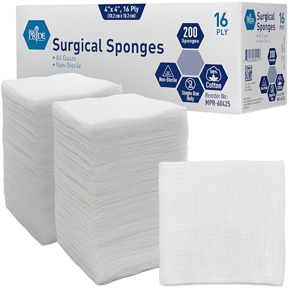 A box of Shield Line Medpride All Gauze Surgical Sponge Non-Sterile, 4"x4", 16-ply, sits behind stacks and a single sponge. The packaging states 200 cotton sponges for wound care and single use only.