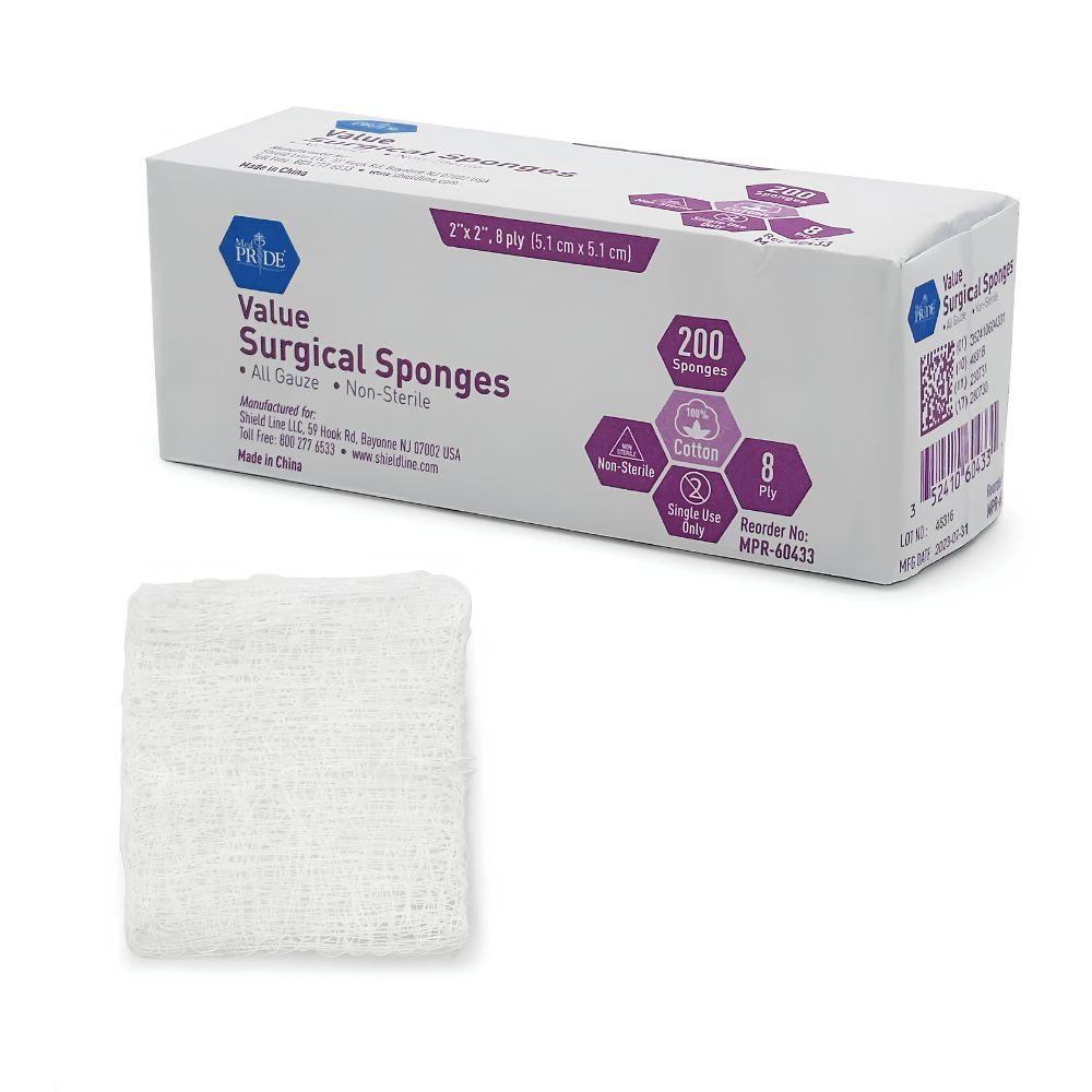 A white Shield Line box labeled MedPride Value Gauze Surgical Sponges – Non-Sterile shows size, ply, quantity, and material. In front sits a single folded white gauze sponge, ideal for wound care or use as non-sterile surgical sponges.