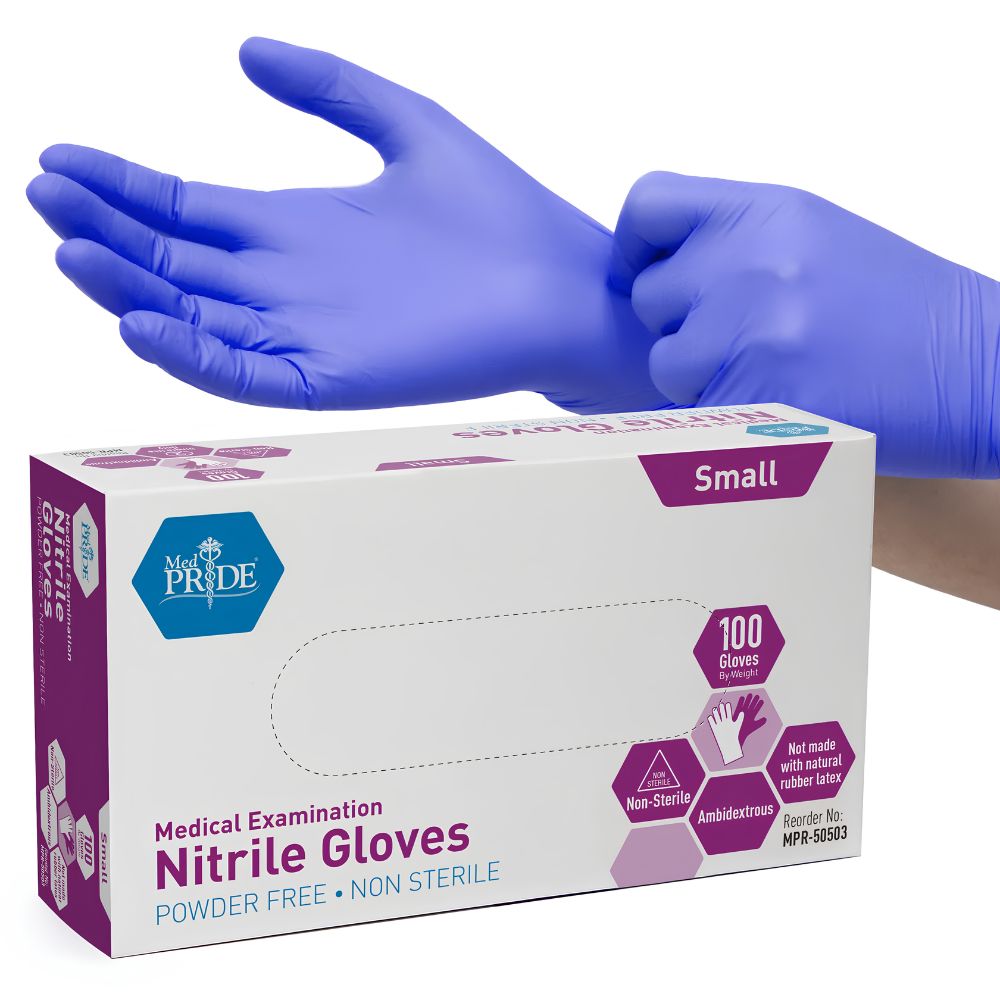 A person puts on a blue Shield Line MedPride Nitrile Exam Glove, 4 mil thick, non-latex, non-sterile, powder free, near a box labeled 100 count ambidextrous nitrile exam gloves.