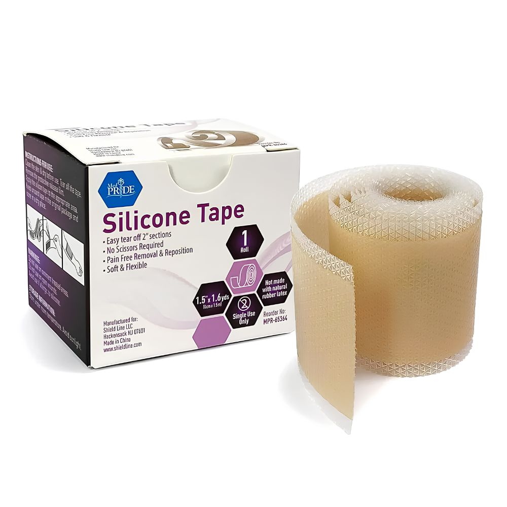 A beige MedPride Easy-Tear Silicone Gel Tape Roll (1.5" x 1.6yds, by Shield Line) is shown beside its white and purple box featuring “Silicone Tape” and highlights like easy tear, no scissors needed, and gentle removal for sensitive skin.