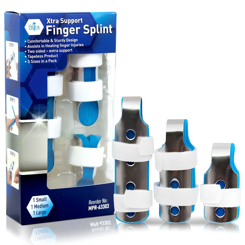 Three Shield Line MedPride Finger Splints in S, M, and L are shown with white straps in front of blue packaging featuring use instructions and wearing images. This 3-pack is for mallet finger support.