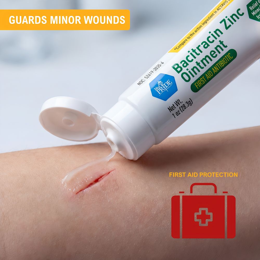 A tube of Shield Line MED PRIDE Bacitracin with Zinc Ointment is applied to a minor cut, with text reading GUARDS MINOR WOUNDS and an illustrated first aid kit labeled FIRST AID PROTECTION for infection protection.
