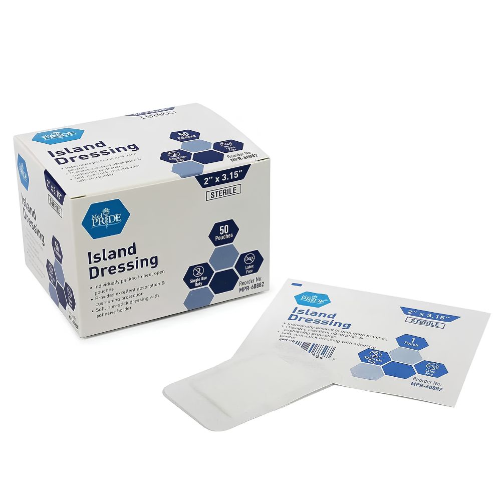 A box labeled Medpride Gauze Island Dressing Sterile by Shield Line, sizes 2"x3.5", 4”x4", 6”x6”, and 6”x8”, with a sterile dressing partially pulled out. The blue and white packaging features hexagons and non-stick wound pad info.