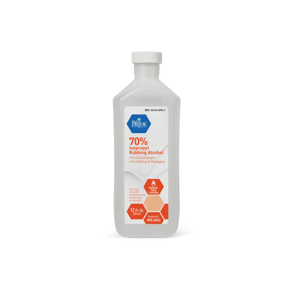 A white bottle of Shield Line MedPride 70% isopropyl rubbing alcohol (12 oz) serves as an effective antiseptic and disinfectant for first aid and rubbing.