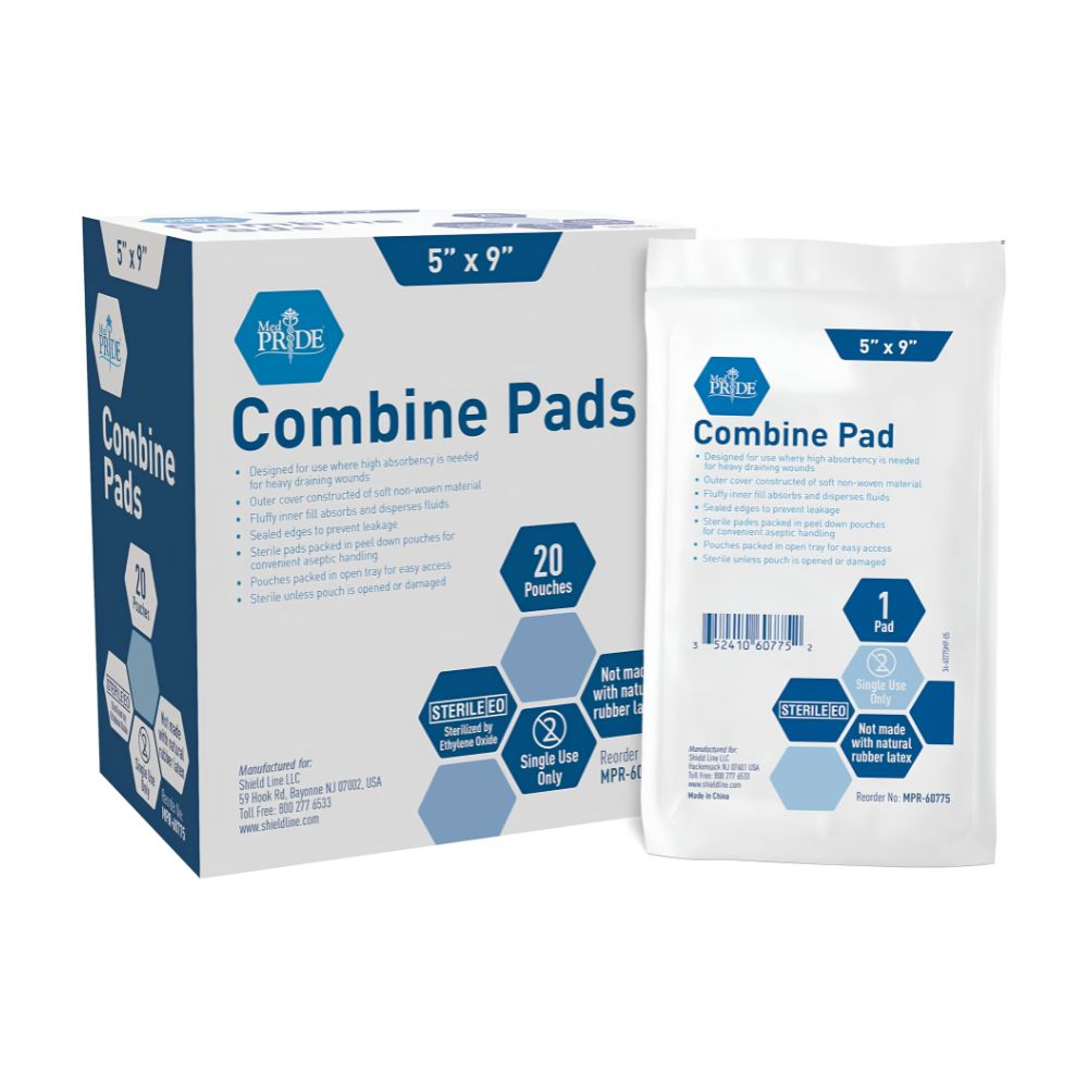 A box of Shield Line MedPride Sterile Abdominal - ABD Combine Pads (5"x9", 20-pack) for heavy draining wounds is shown next to a single pad. The white and blue packaging displays product info and Shield Line branding.