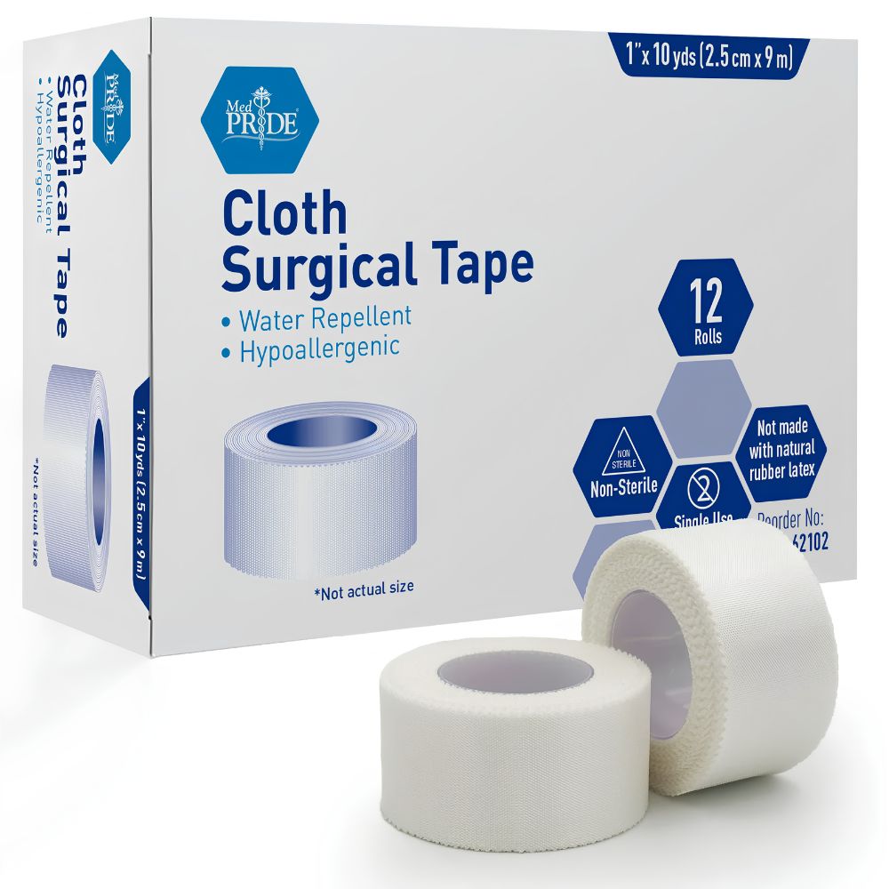A box labeled Shield Line MedPride Cloth Surgical Tape (1/2", 1", 2", 3" x 10 yds) with two white adhesive rolls in front. Features: water-repellent, hypoallergenic, non-sterile, and includes 12 rolls for wound care.