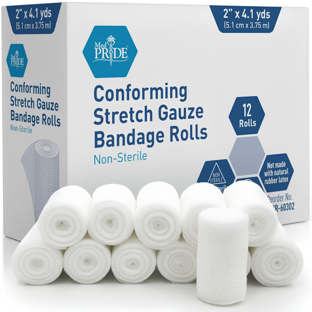 A box labeled Shield Line MedPride Conforming Stretch Gauze Bandage Roll sits behind ten rolls. The box notes 12 non-sterile rolls (2 in x 4.1 yd), not made with natural rubber latex—ideal for first aid and wound care.