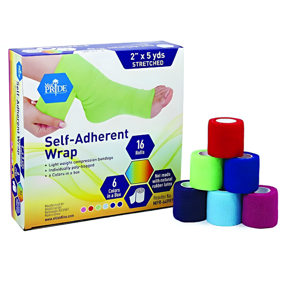 A box of Shield Line Medpride Self-Adherent Wrap (latex-free, 2"x5yd & 3"x5yd, rainbow colors, 16 rolls/box) with six colorful compression bandages stacked beside it; box highlights product features and shows a green wrap on a foot.