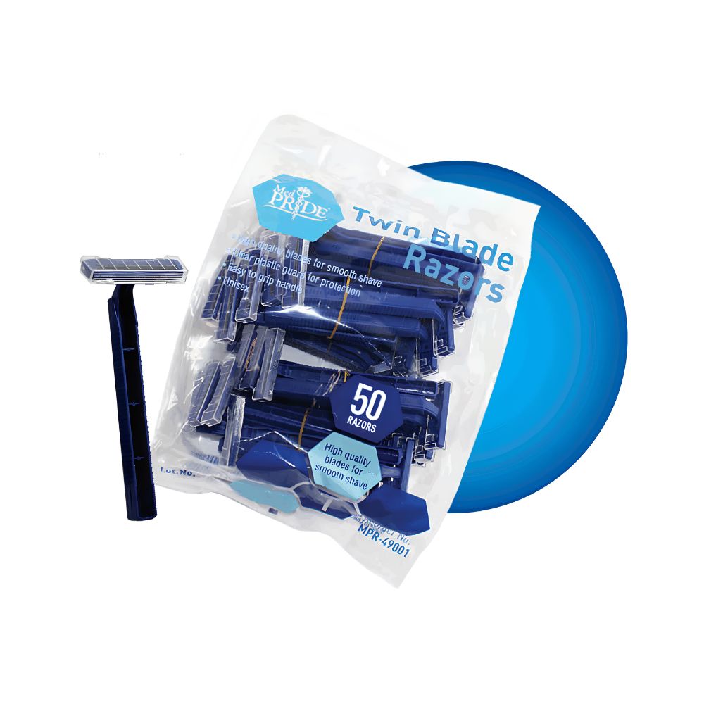 A package labeled MedPride Twin Blade Razors by Shield Line contains 50 blue disposable twin blade razors with ergonomic handles, one shown outside the bag. The set is displayed against a white background with a blue circle accent for safe shaving.
