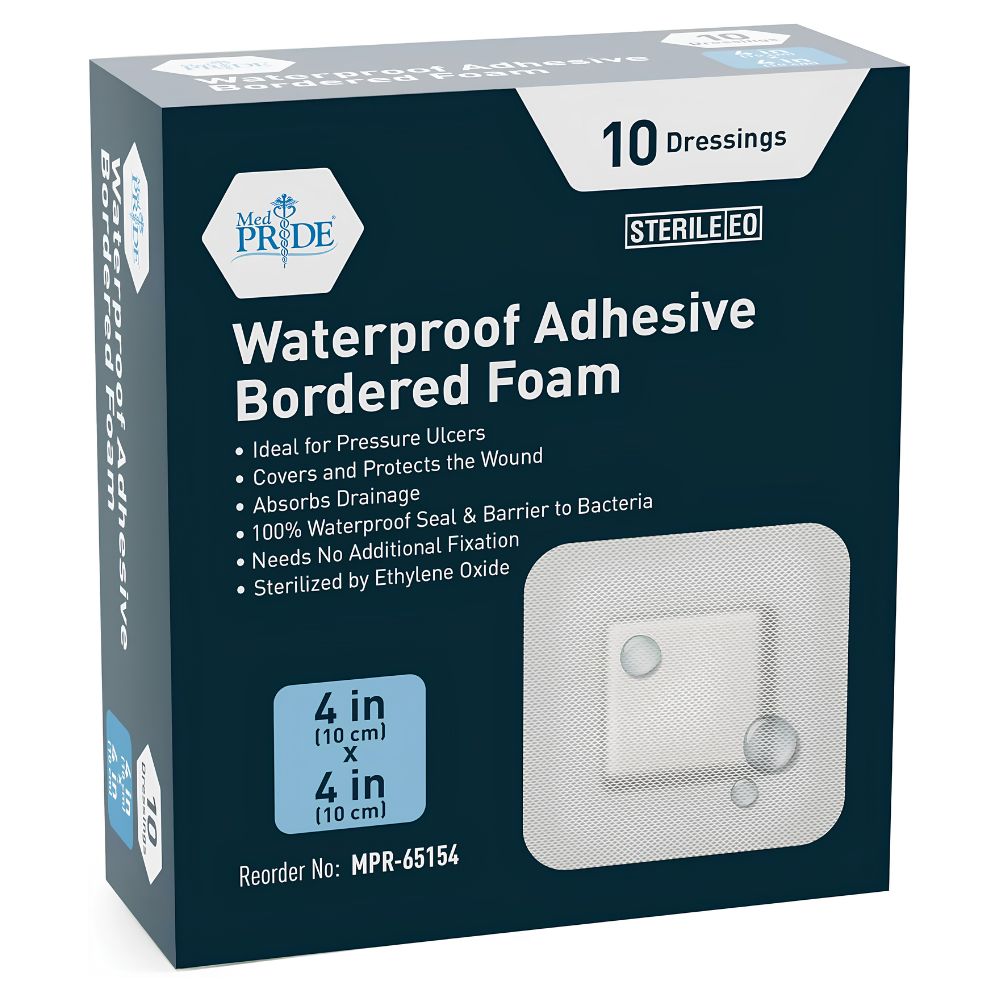 A box of Shield Line Medpride 4" x 4" & 6" x 6" Waterproof Adhesive Border Foam Wound Dressings includes 10 sterile dressings, offering advanced wound care with a waterproof seal, superior absorption, and effective protection.
