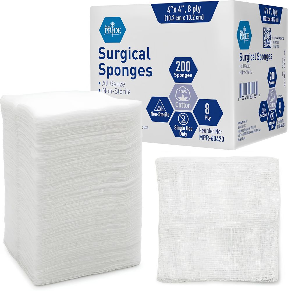 A box labeled Shield Line MedPride Surgical Sponges sits next to a stack of white 4"x4", 8-ply, non-sterile gauze pads—200 single-use, 100% cotton pads for wound care and dressing.