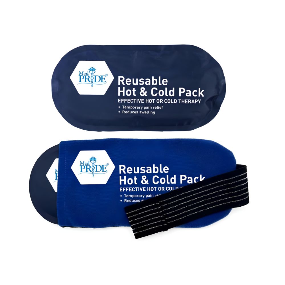 The Shield Line MedPride Reusable Hot and Cold Packs Set (11”x5.1” & 10.4"x5.3”) includes a fabric sleeve and belt for secure fit, ideal for heat or cold therapy and pain relief. Shown both with and without the sleeve.