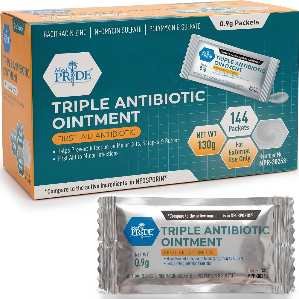 A box and packet of MED PRIDE Triple Antibiotic Ointment by Shield Line, with text on first aid wound care and infection prevention; packaging includes 144 packets (0.9g each) for minor cuts and scrapes.