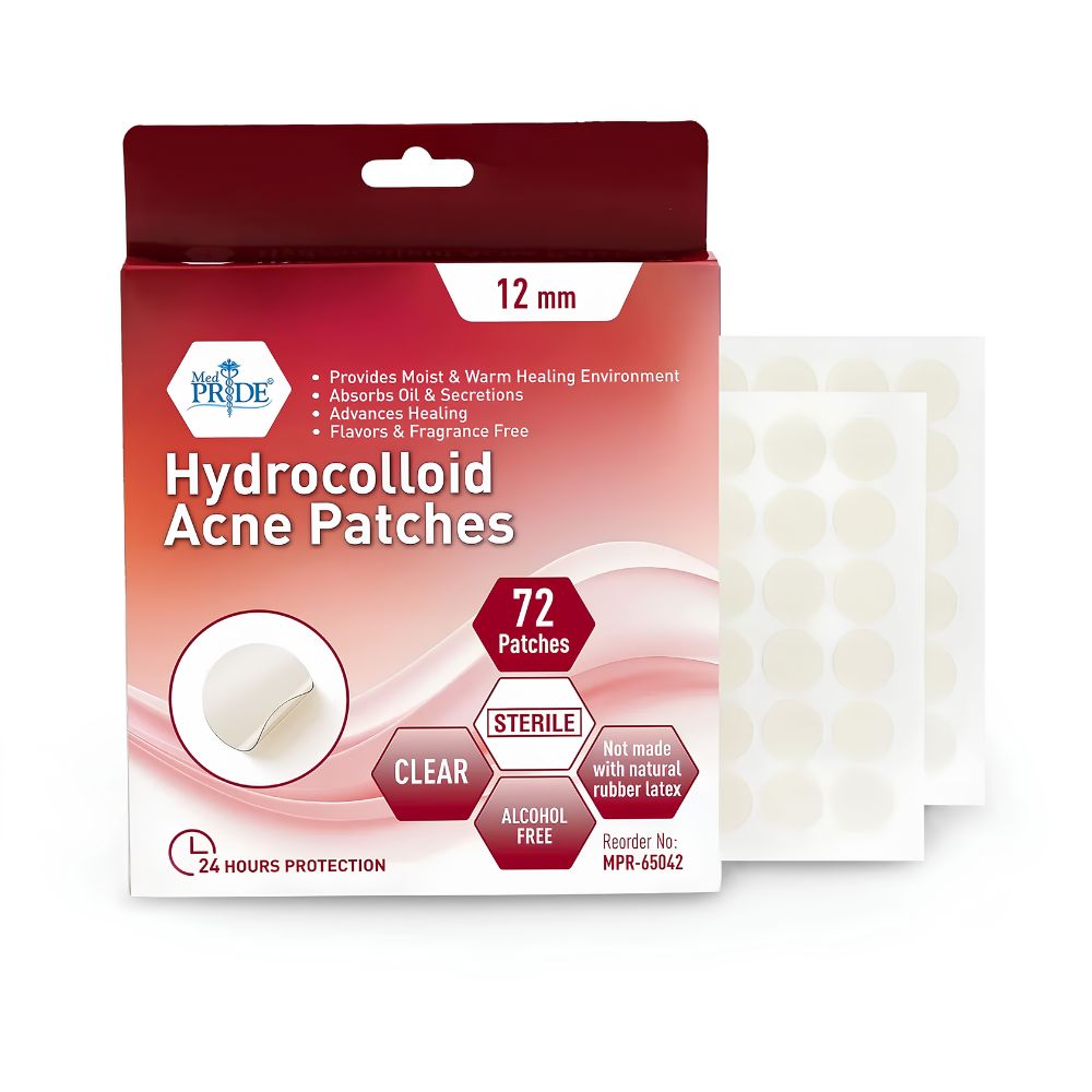 A box of Shield Line Medpride Hydrocolloid Acne Patches contains 72 sterile, alcohol-free, 12mm dots for face and body zits, fragrance-free and offering up to 24 hours of protection for effective acne treatment.