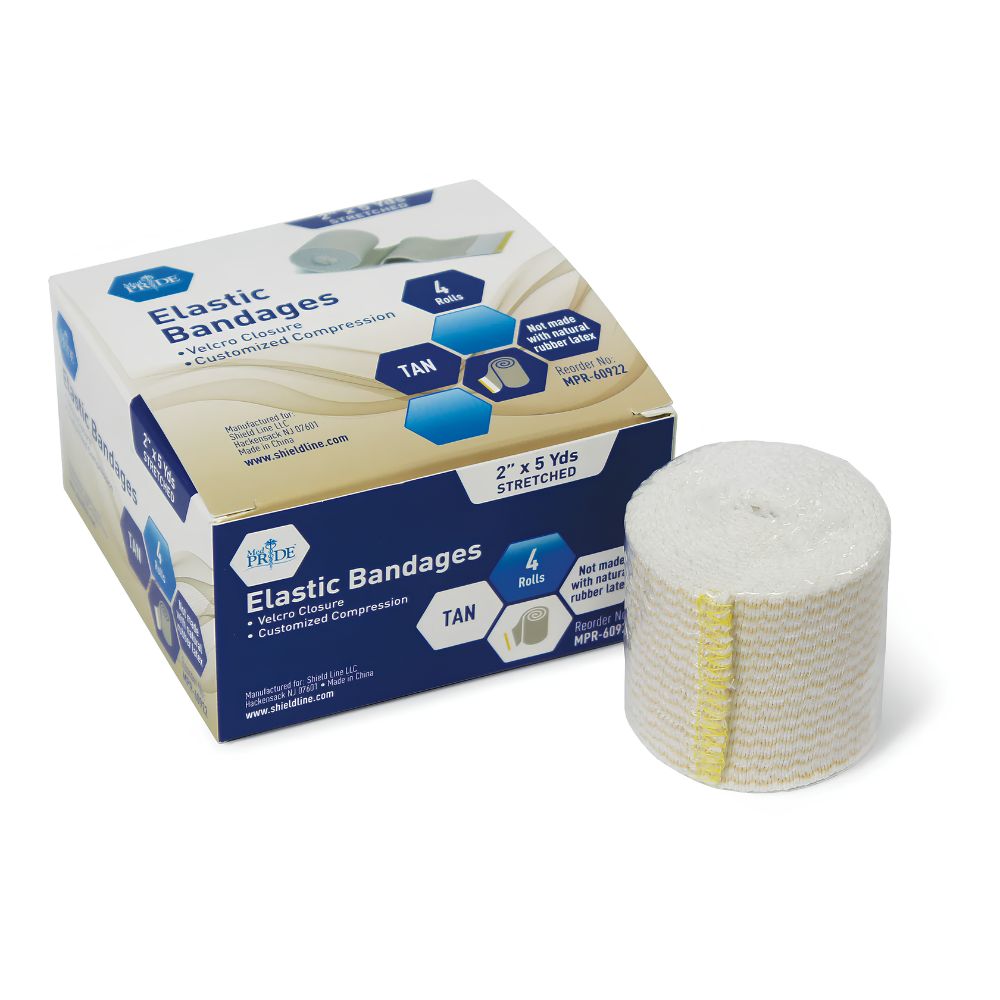 A Shield Line MedPride Elastic Bandages box (tan, Velcro, sizes: 2"x5yds, 3"x5yds, 4"x5yds, and 6"x5yds) appears with four wraps and one unrolled roll; packaging features blue/white accents, a yellow stripe, and hook-and-loop closure.