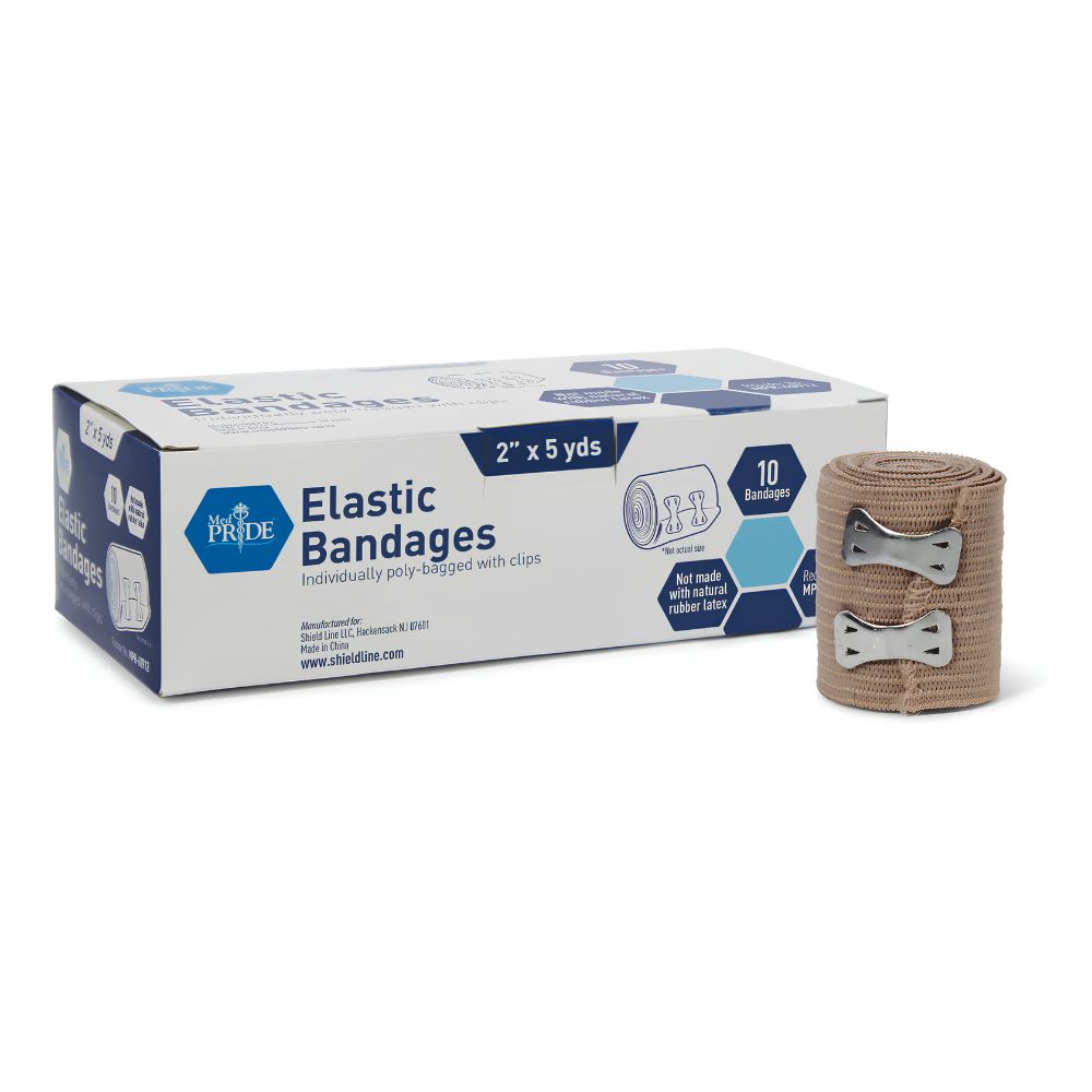 Shield Line MedPride Non-Sterile Elastic Bandage with Clips offers reliable compression support. Each blue and white box contains 10 rolled brown bandages (2" x 5 yds) with metal clips for first aid use.
